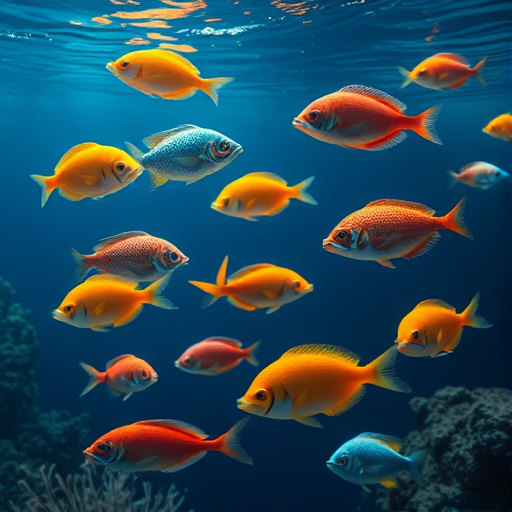 A serene underwater view featuring many colorful fish swimming harmoniously in the ocean.