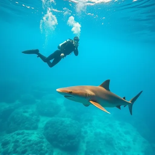  A diver in scuba gear swims alongside a nurse shark in clear blue water, showcasing an adventurous underwater encounter.