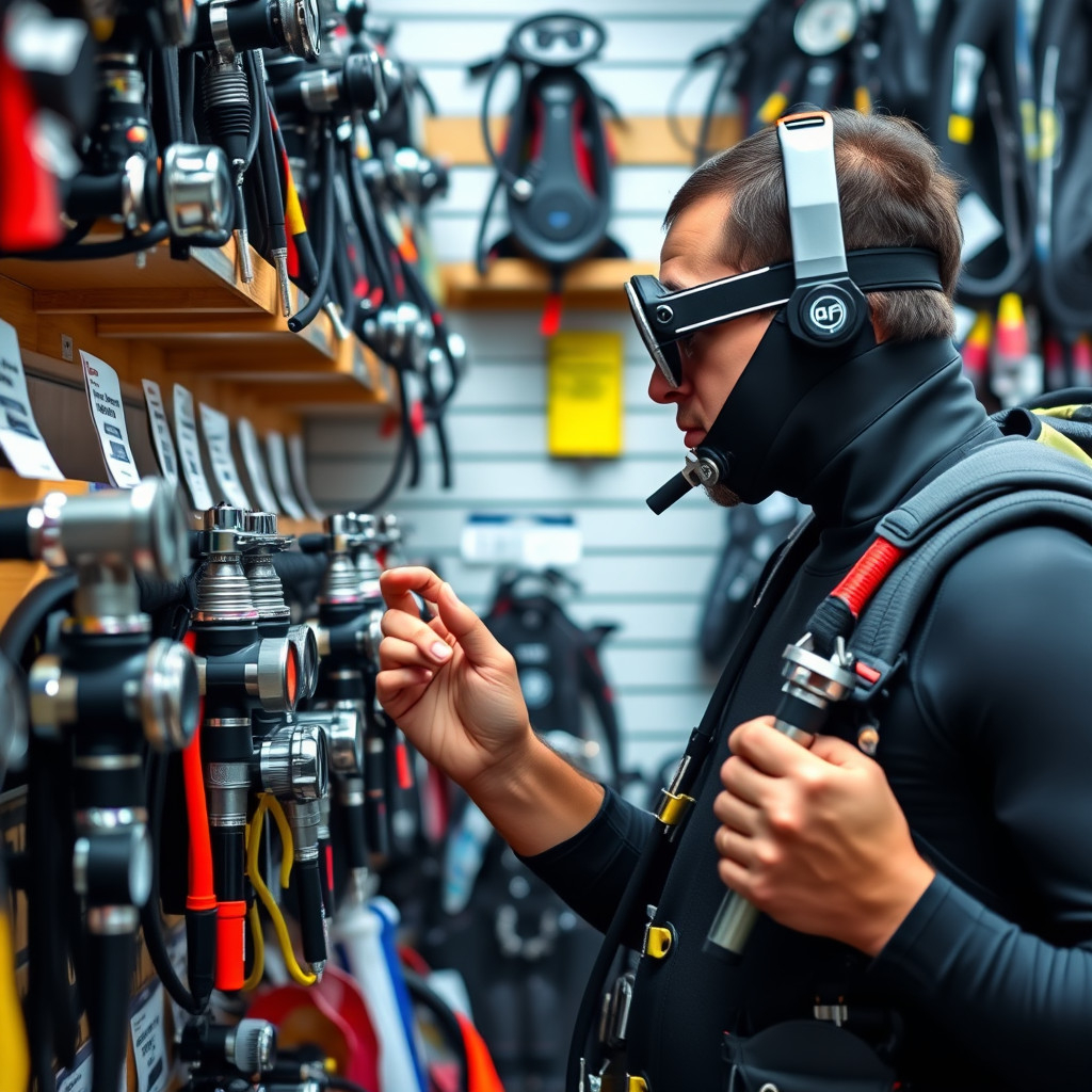 Diver in shop examining various scuba regulators, deciding between types for purchase