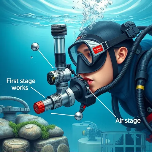 Diver underwater with cutaway of scuba regulator showing first and second stages functioning