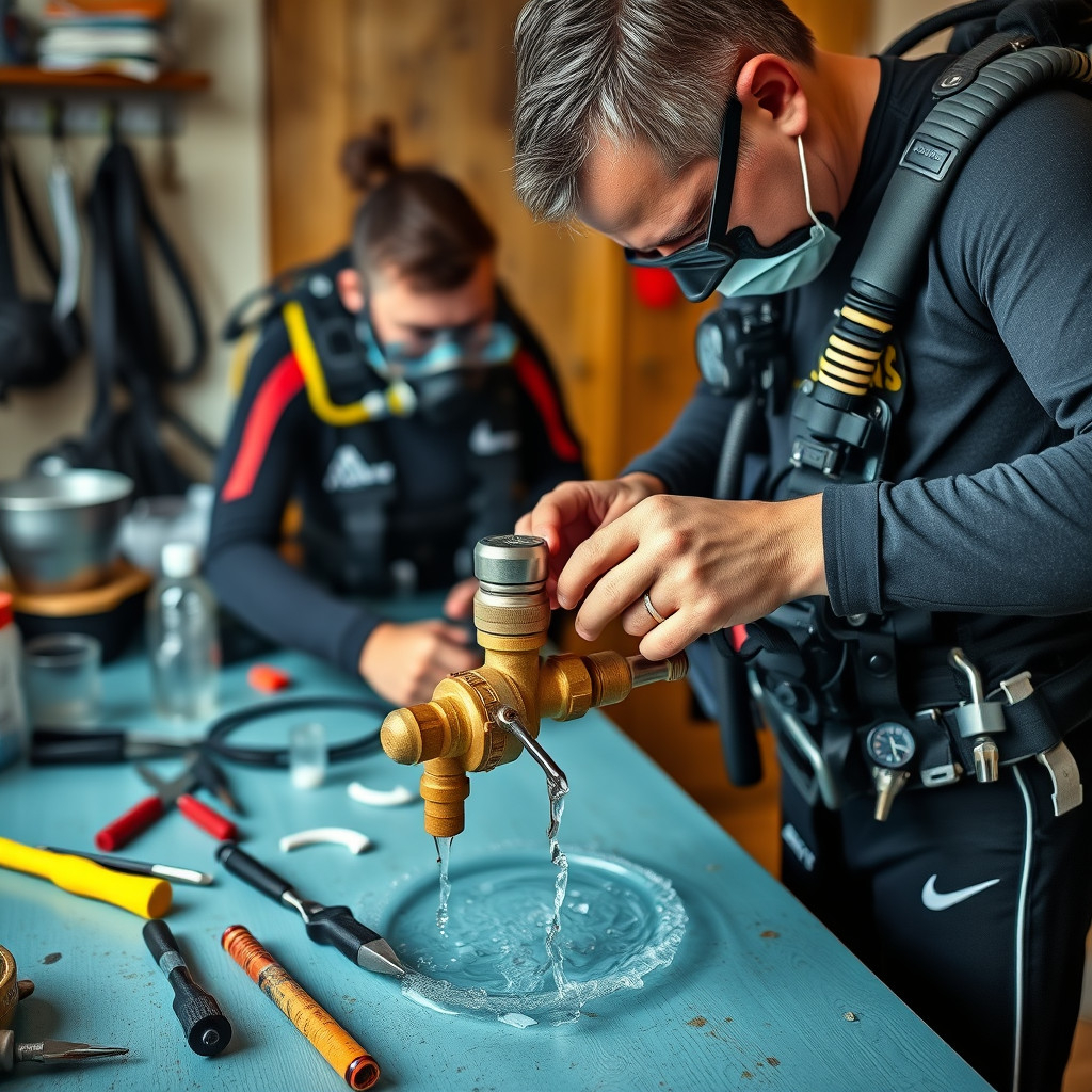 Diver performing maintenance on scuba regulator at home to ensure proper function