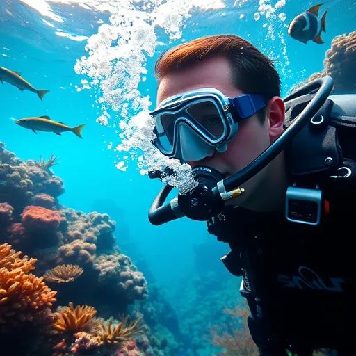 An underwater scuba diver exhales bubbles through a regulator, highlighting the serene experience of diving.