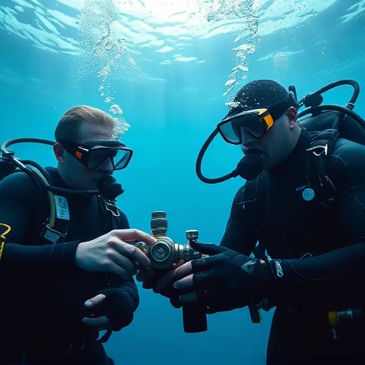 Diver underwater dealing with a regulator problem calmly, assisted by buddy during dive