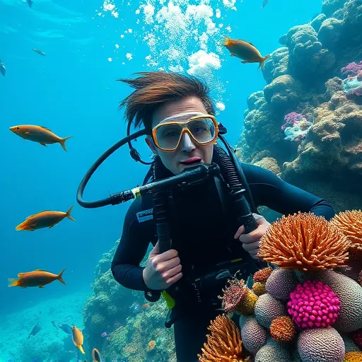 A diver underwater with a diving regulator in his mouth, releasing bubbles as she exhales, enjoying the marine life.