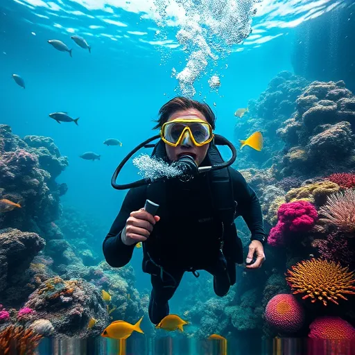 A scuba diver diving around coral reefs, breathing through a regulator in his mouth, releasing a steady stream of bubbles.