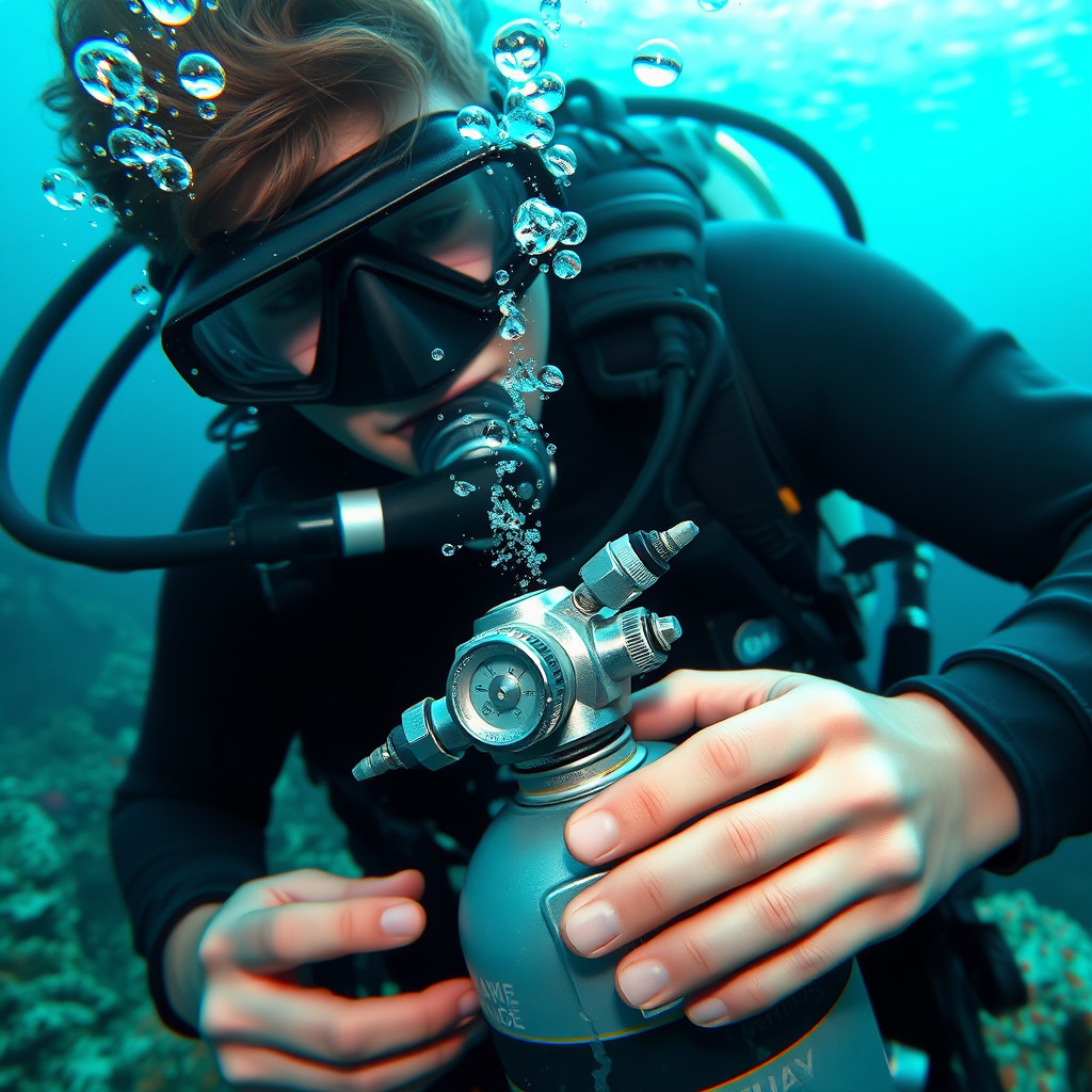 Scuba diver underwater examining the parts of a scuba regulator connected to an air tank