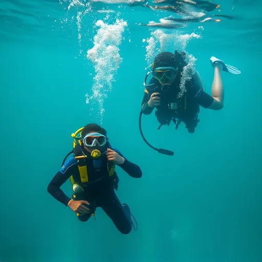 A calm underwater scene of a scuba diver with a nearby buddy, showcasing tranquility and teamwork in deep-sea exploration.