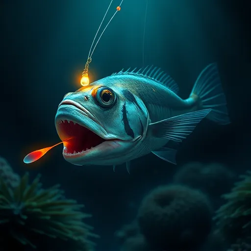 A brilliant angler fish glows in the deep, shadowy waters, its luminous lure guiding it through the ocean's darkness.