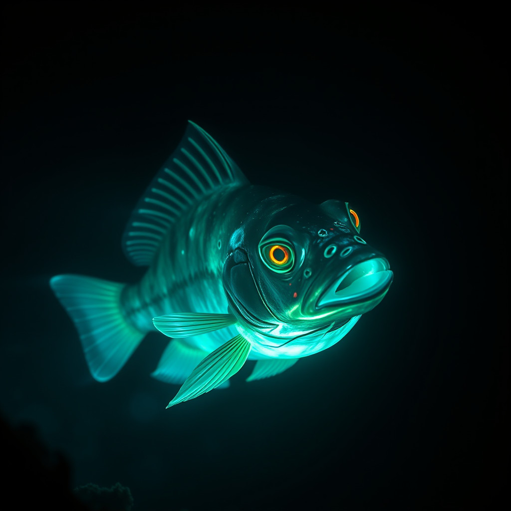 Angler fish uses its shining light to lure prey in the dark depths of the ocean, illuminating its surroundings.