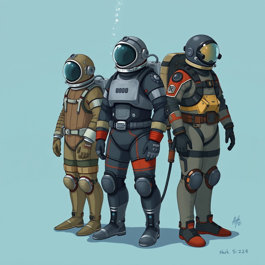 Illustration showing the evolution of atmospheric diving suits from early designs to modern exosuits underwater