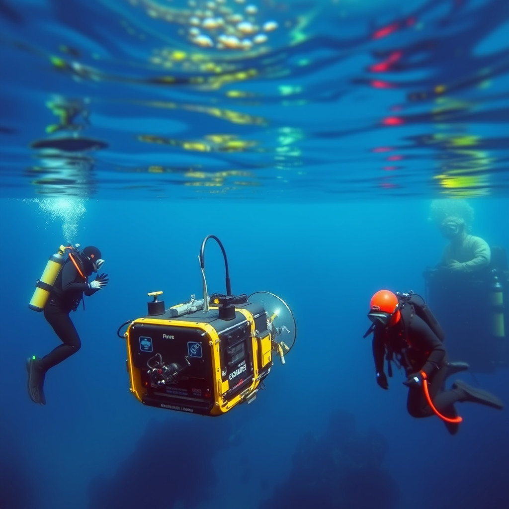 Underwater scene comparing atmospheric diving suit, ROV, submersible, and saturation diver exploring the deep sea