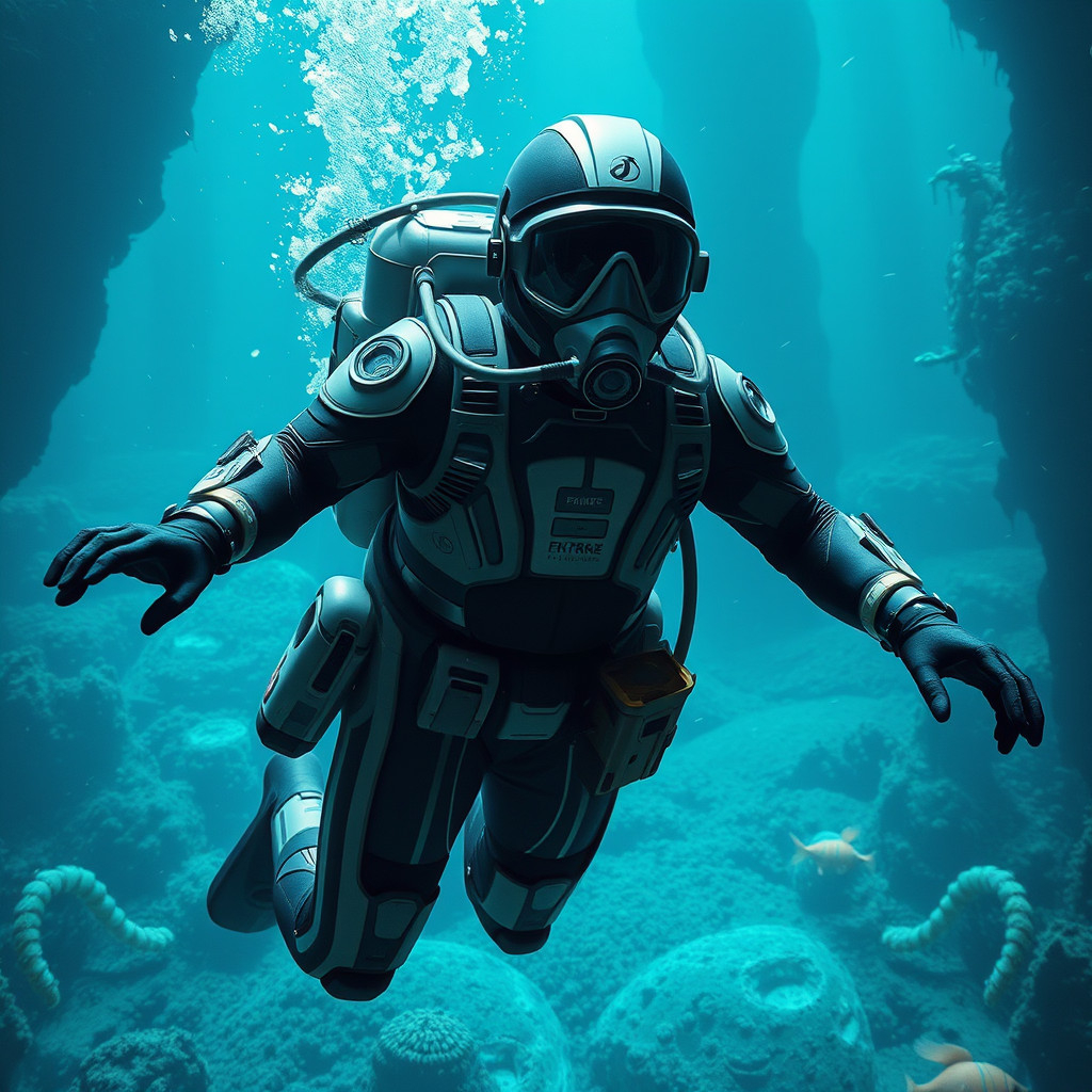 Futuristic atmospheric diving suit exploring deep underwater with advanced technology