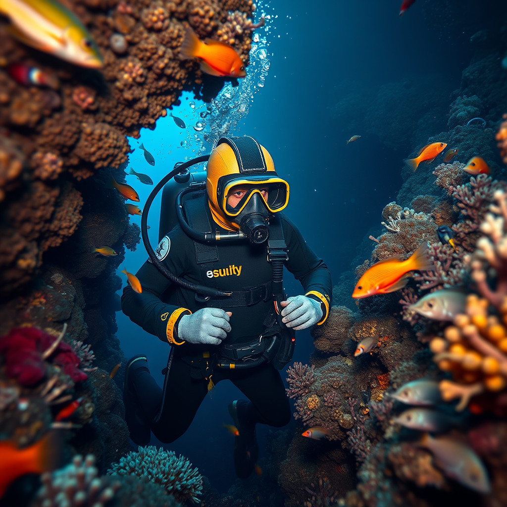 A diver in an atmospheric diving suit explores the deep ocean floor among vibrant marine creatures