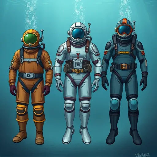 Illustration of an atmospheric diving suit, highlighting its safety features and mobility enhancements for deep-sea dives.