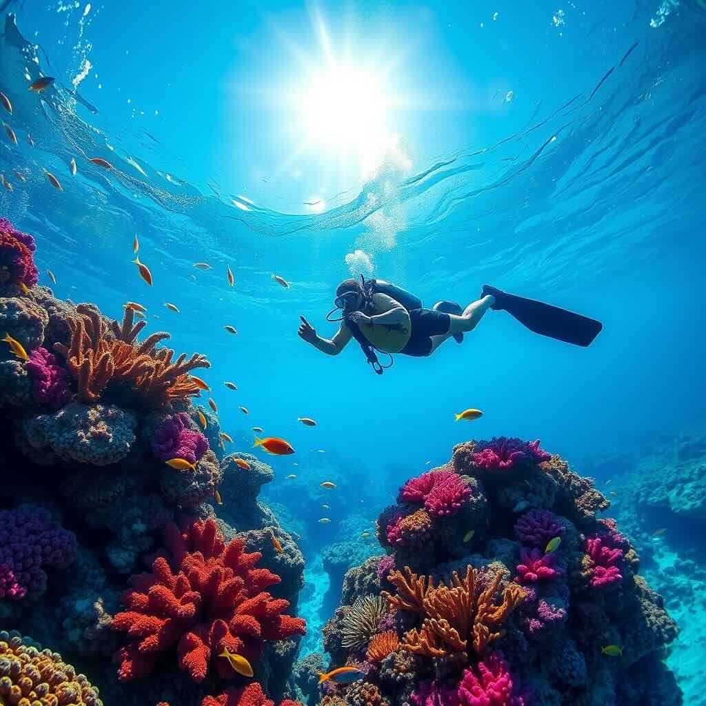 A scuba diver swims among vibrant coral reefs and colorful fish in the clear blue waters of Belize under a shining sun.