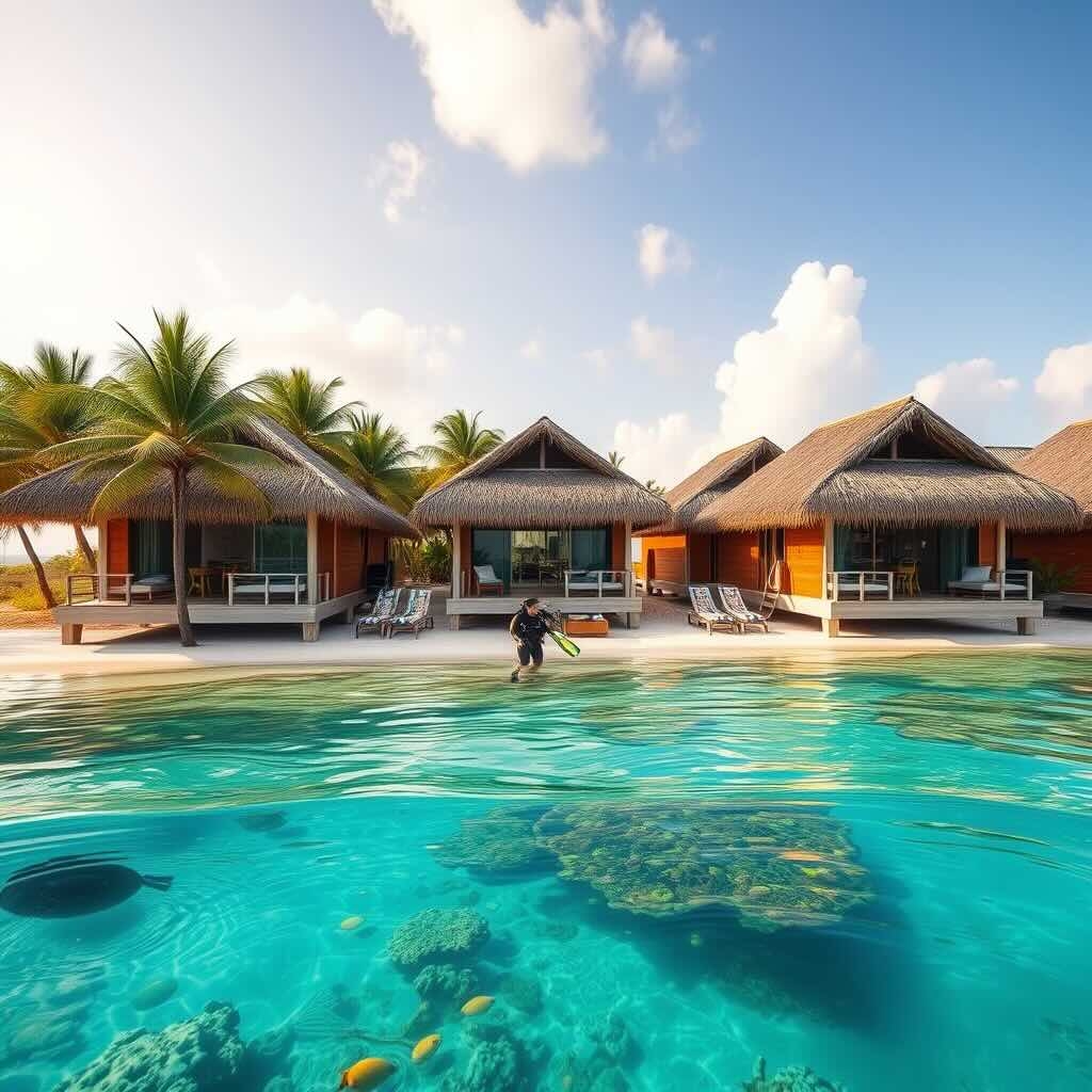 An eco-friendly resort on a tropical atoll in Belize with private cabanas overlooking the ocean, near vibrant coral reefs for scuba diving.