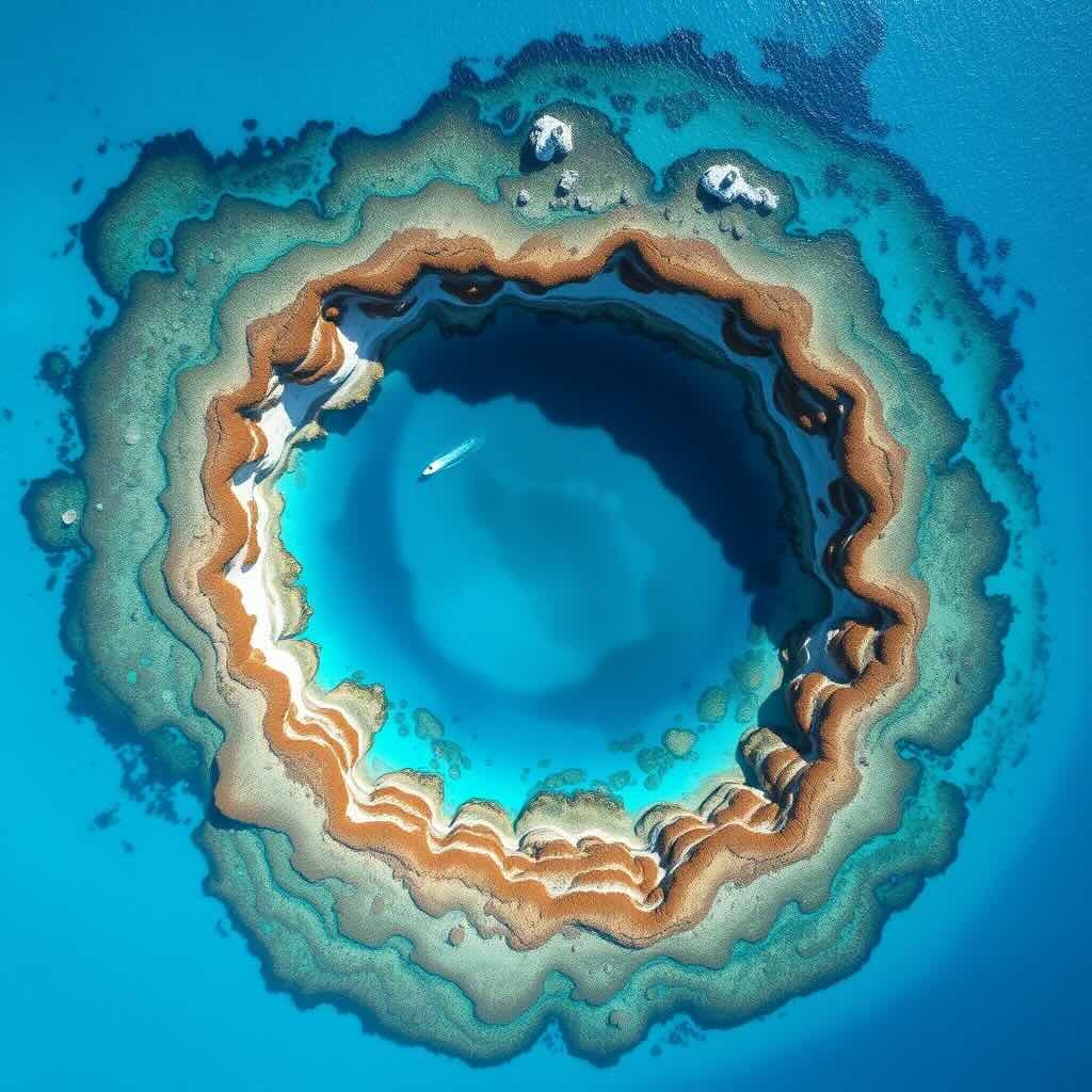 An aerial view of the Great Blue Hole in Belize, a large circular sinkhole surrounded by vibrant coral reefs in the Caribbean Sea