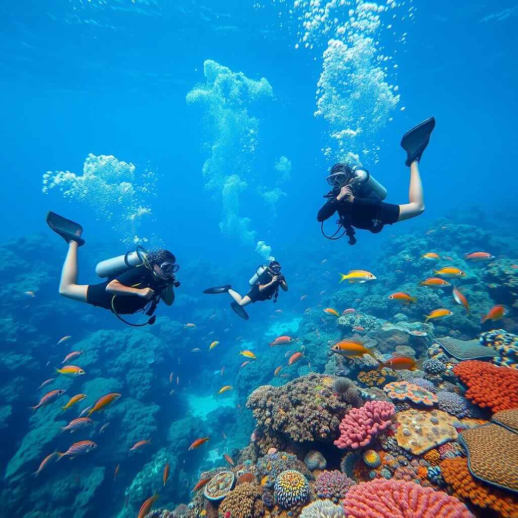 Scuba divers exploring colorful coral reefs with tropical fish in Belize's clear waters near luxury beach resorts