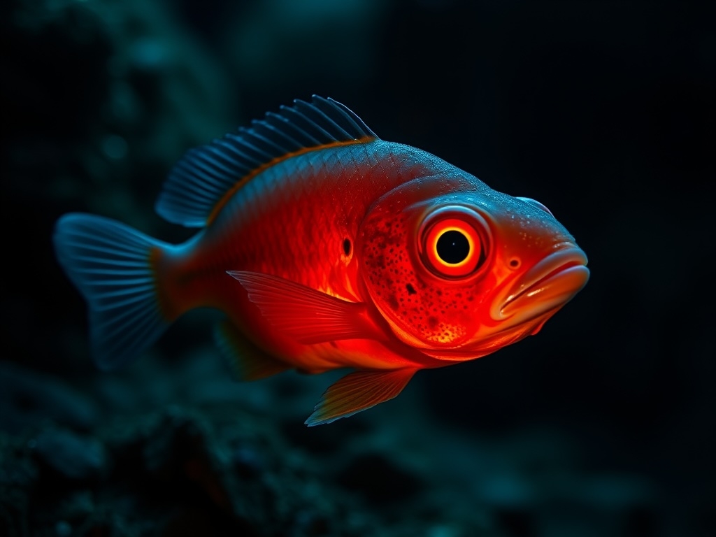 A bright red Big Eye Fish shines in the dark, highlighting its unique bioluminescent abilities and color change.