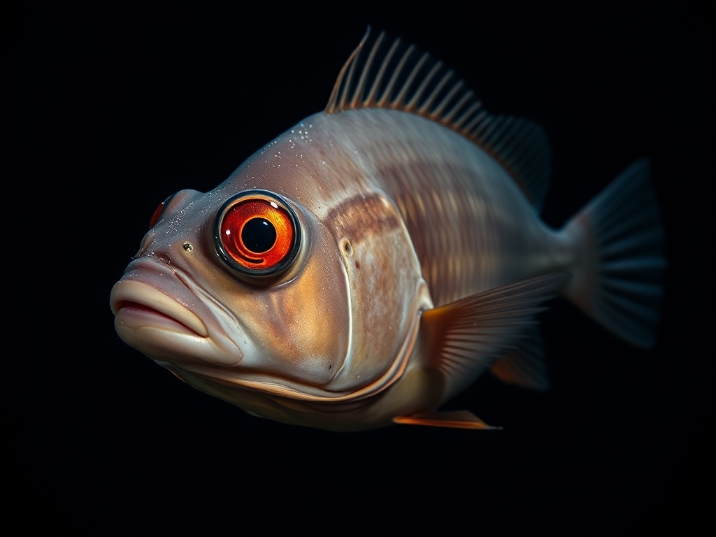 A big eye fish with huge eyes is seen in the deep sea, contrasting sharply with the dark background.