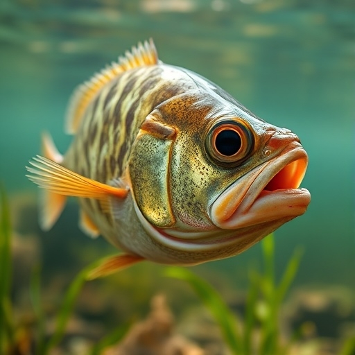 A big-eyed fish with a large mouth swimming, looking for food, and showcasing its unique features in the dark waters.