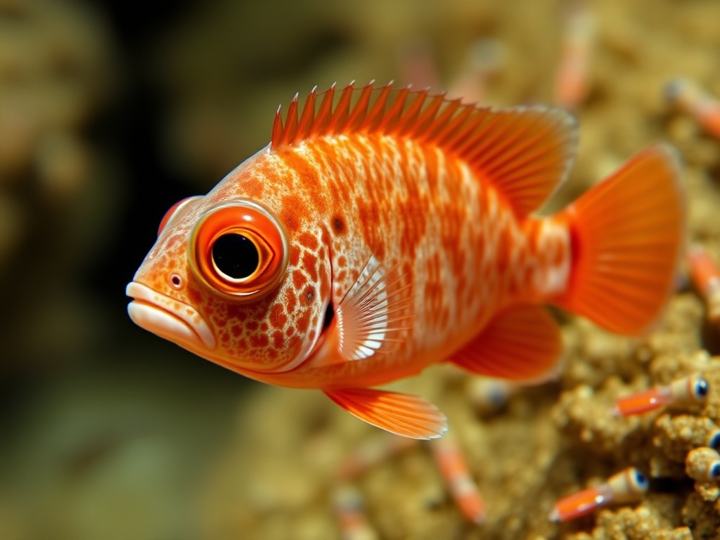 A cheerful red fish with big, expressive eyes and a large mouth, adding a splash of color to the deep sea world.