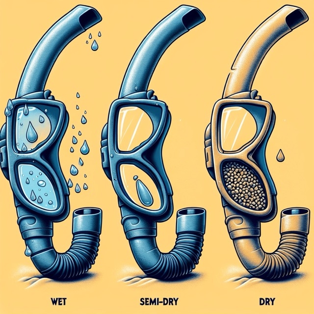 Illustration of three types of snorkel masks: wet (with water inside), semi-dry (with some water droplets), and dry