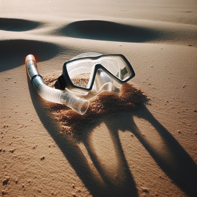 A snorkel mask resting on the sandy beach, terrain with shadows cast by the sunlight, ready for a scuba diving adventure.