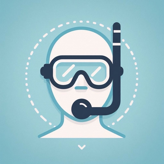 A stylized icon of a person wearing a snorkel mask and snorkel set to be ready for scuba diving.