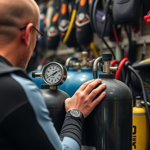 A diver checking an air tank's pressure, illustrating the concept of pressure measurement