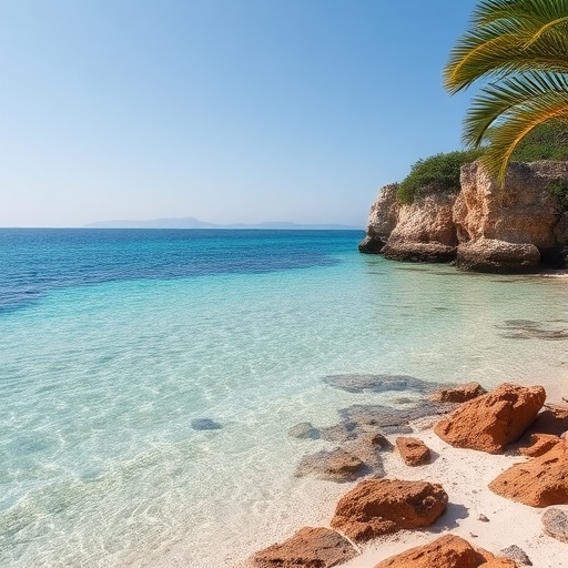 A tropical tranquil beach scene on Cozumel Island with stunning turquoise water and palm trees under a clear blue sky.