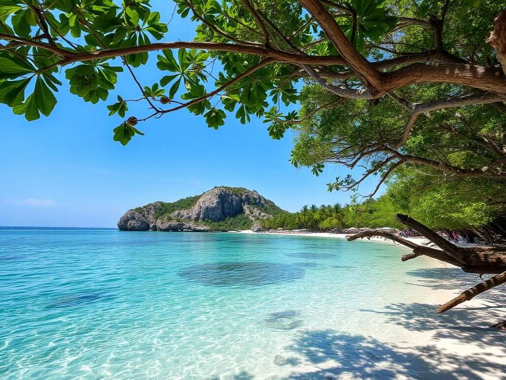 A breathtaking view of Cozumel, Mexico, characterized by its sands and clear waters, the sun shines on the trees.