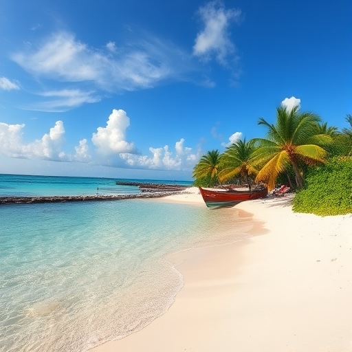 A beach at Playa Bonita, Cozumel, showcases a nice beach with a boat resting on the sand and palm trees lining the shore.