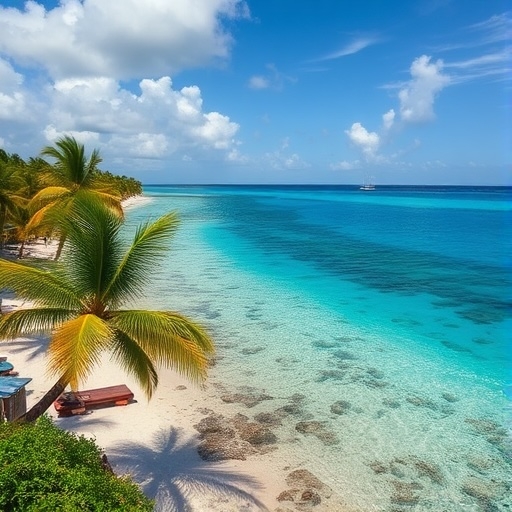 A Beautiful tropical beach in Cozumel with bright blue water, perfect for scuba diving and a sunny high-season getaway.