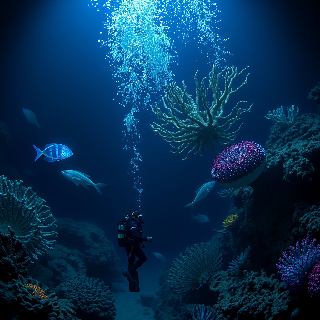 Diver explores deep ocean, surrounded by rare bioluminescent sea creatures and giant sponges.