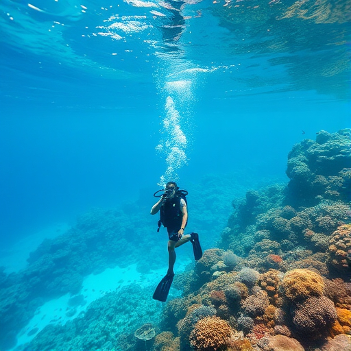 A scuba diver swims among colorful coral reefs and tropical fish in clear blue ocean waters.