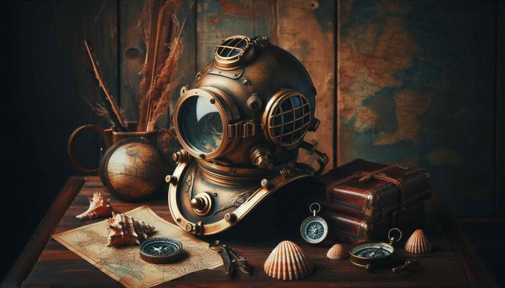 An old diving helmet and compass sit on a table, surrounded by various vintage diving gear and nautical items.