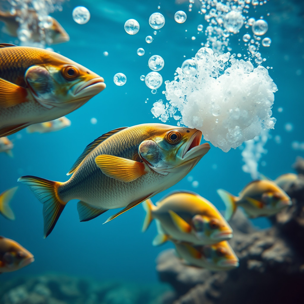 Fish underwater releasing gas bubbles from swim bladders for buoyancy and communication