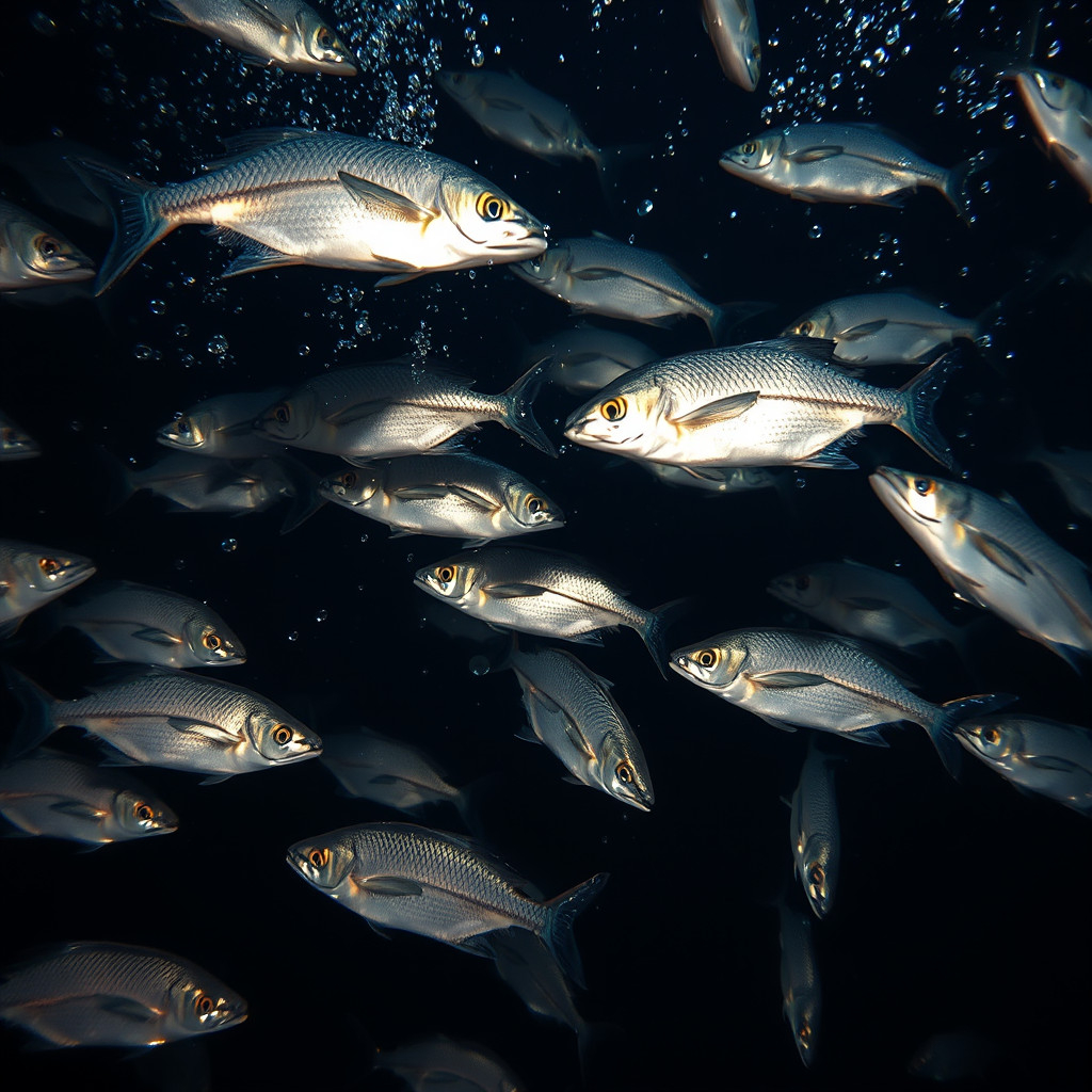 A school of herrings at night releasing gas bubbles underwater to communicate