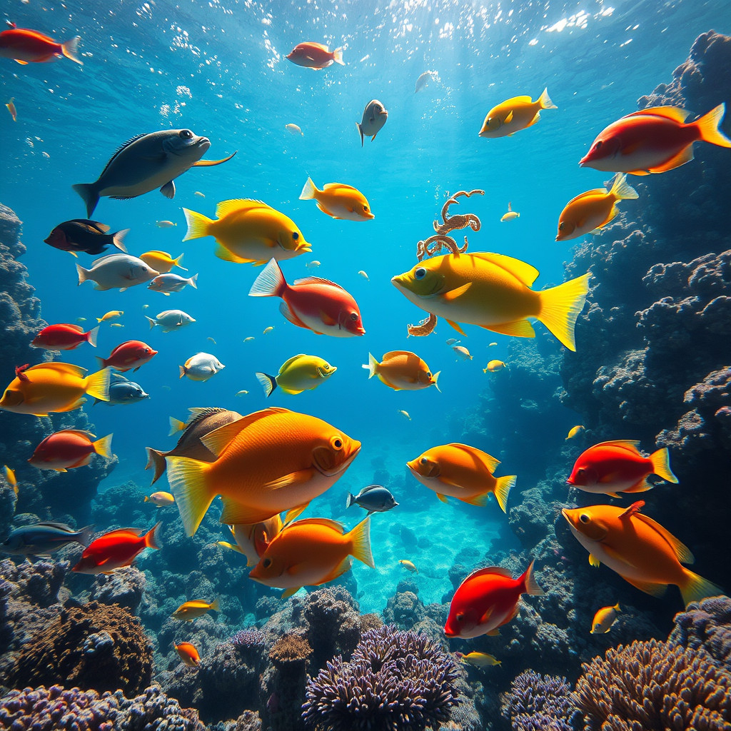 Colorful exotic fish swimming among coral reefs in a sunlit underwater scene