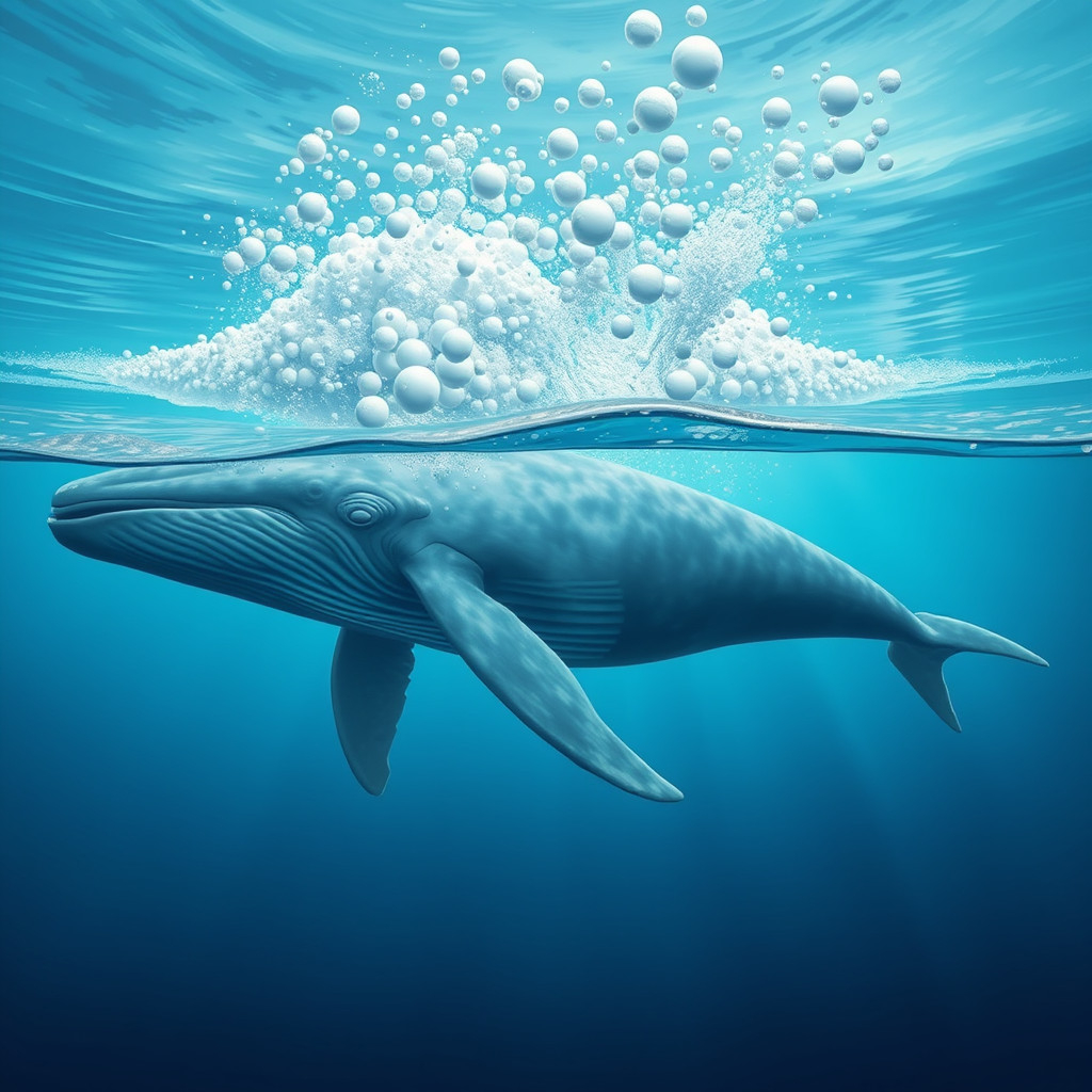 A whale underwater releasing large gas bubbles that rise to the surface