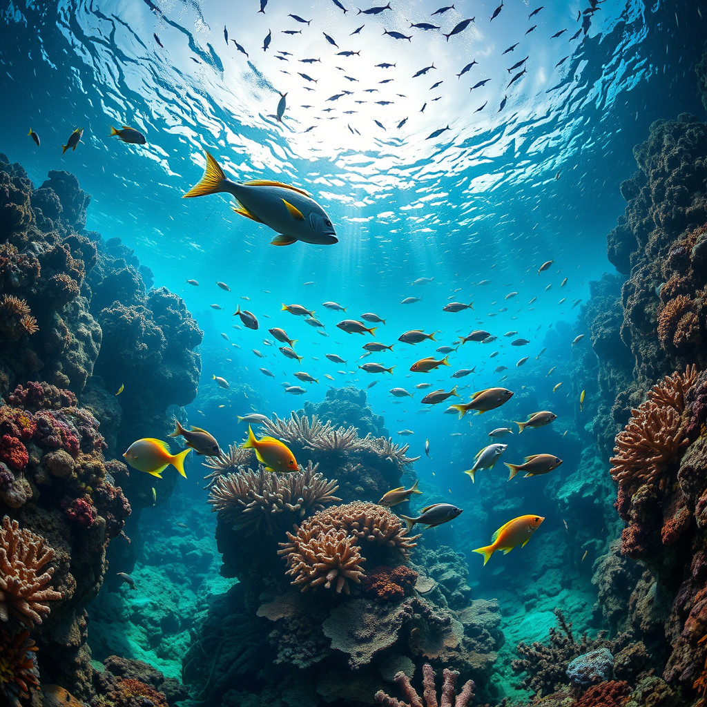 A diverse underwater scene displaying various marine life species in a colorful coral reef