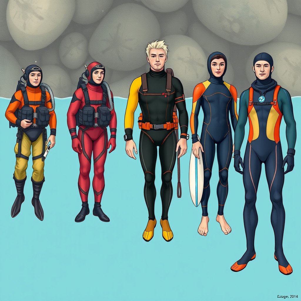 Illustration of evolution of wetsuits and dry suits from past to present