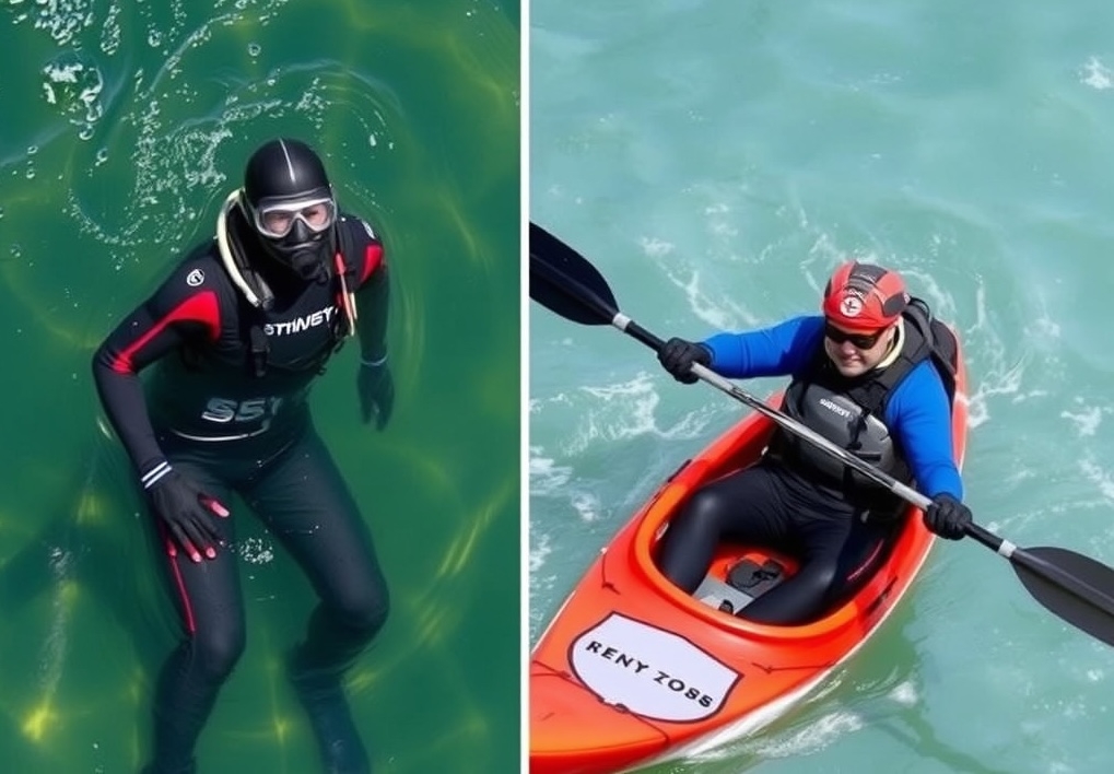 Diver in wetsuit and kayaker in dry suit demonstrating warmth considerations