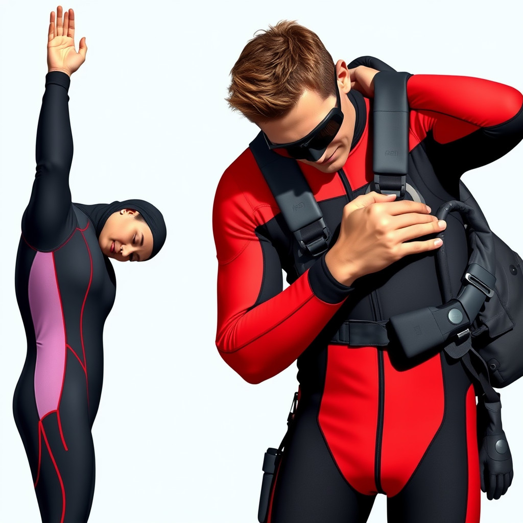 Athlete in wetsuit showing flexibility and person in dry suit adjusting fit