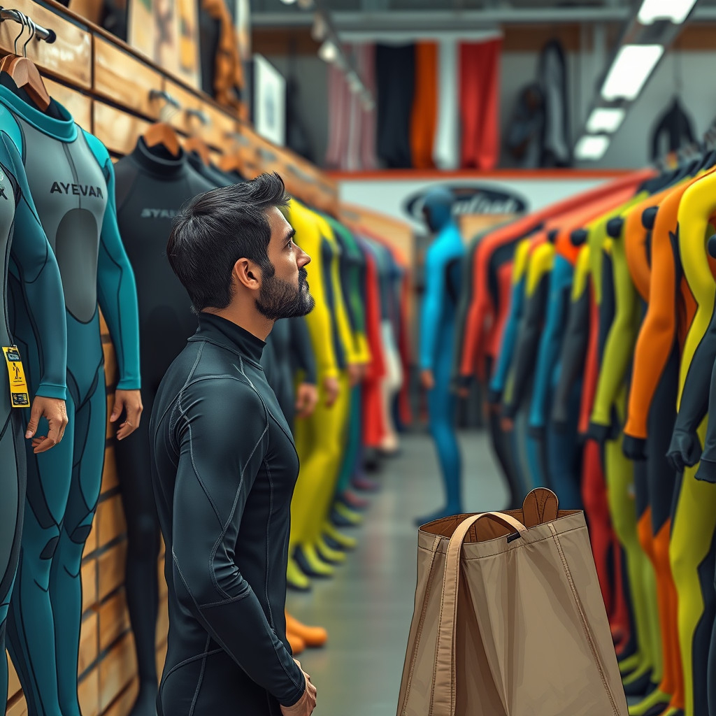 Person shopping for wetsuit or dry suit considering cost and eco-friendly options