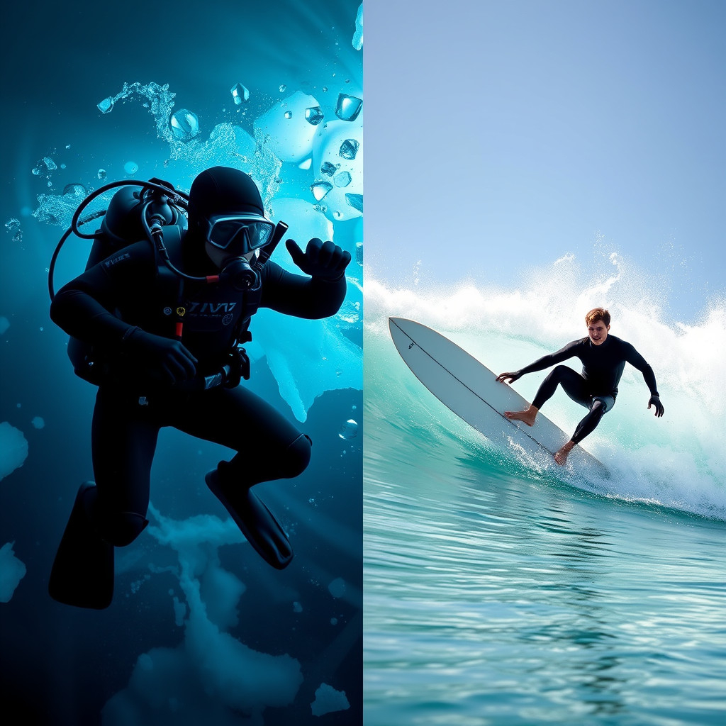 Split image showing diver in dry suit underwater and surfer in wetsuit riding a wave