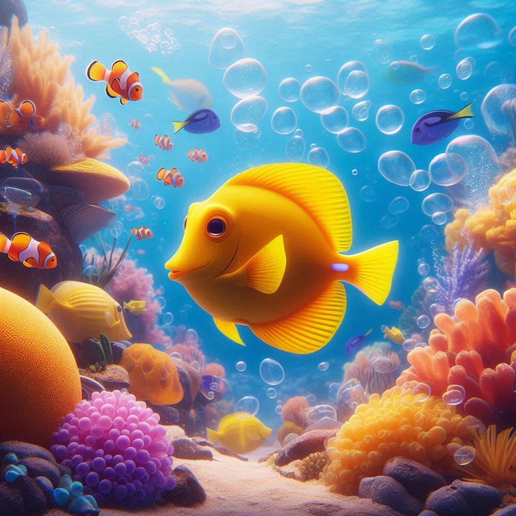 An underwater paradise with Yellow Tang a.k.a Bubbles in Finding Nemo Zebrasoma flavescens fish darting through coral