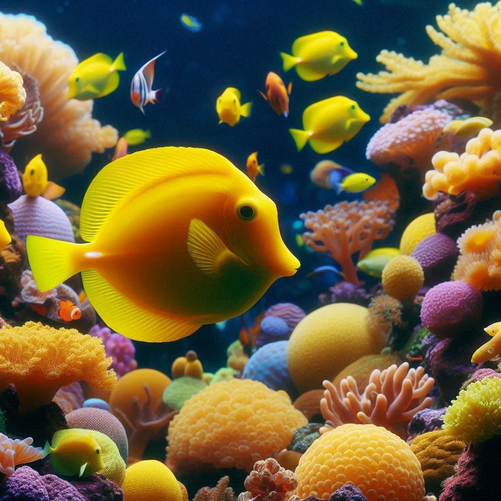 A lively coral reef with Bubbles from Finding Nemo and filled with colorful fish, featuring Zebrasoma flavescens.