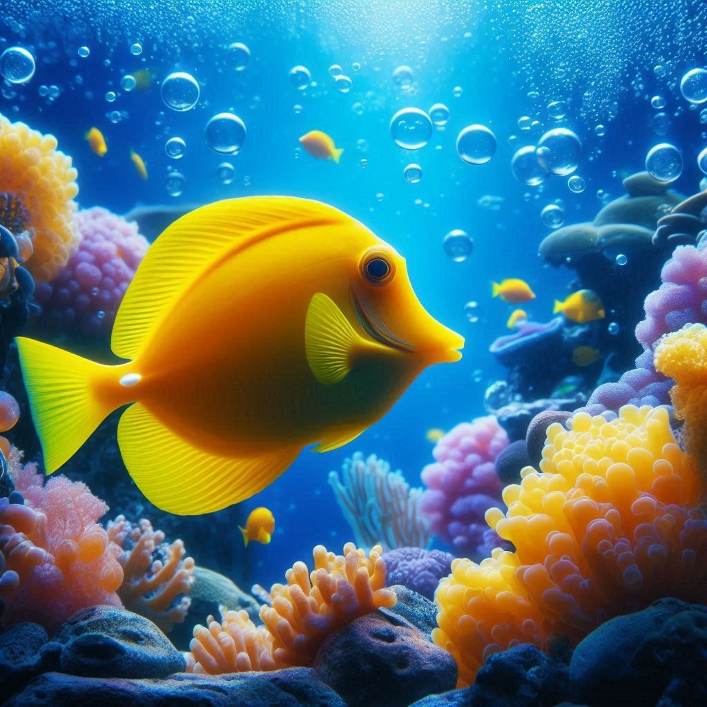 Bubbles a.k.a Yellow Tang from Finding Nemo glides with bubbles floating around, capturing the essence of Finding Nemo.